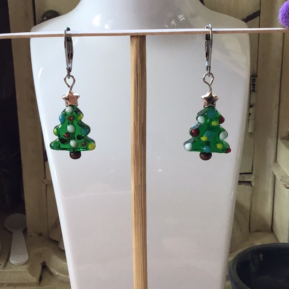 Little Decorated Translucent Green Glass Christmas Tree Earrings!